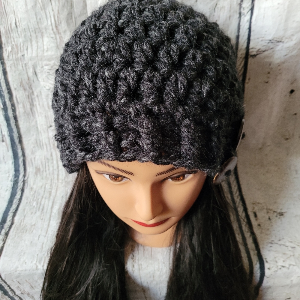 Women's Crochet Gray Wool winter hat - Picture 6 of 14